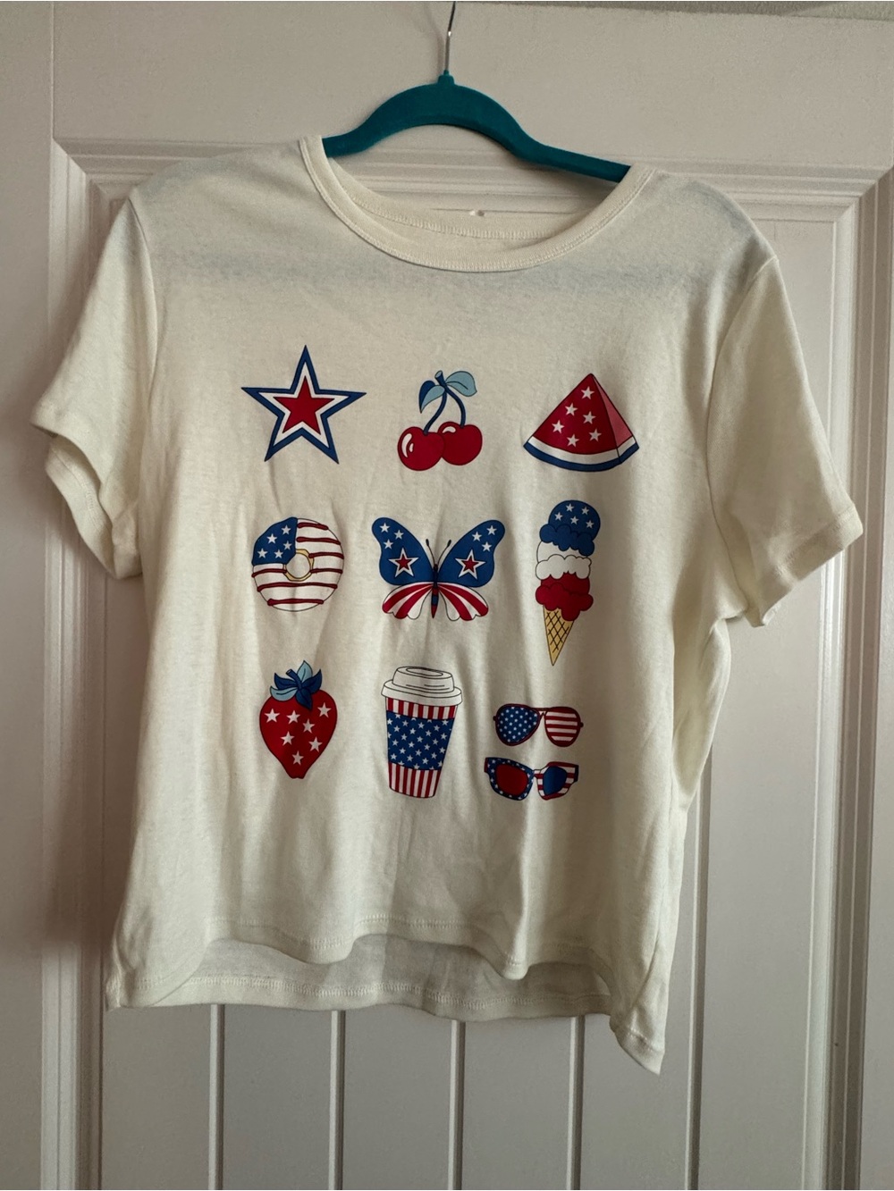 Cream Graphic Tee with Patriotic Red & Blue Icons